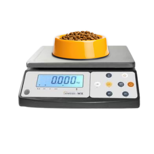 Photo of a food scale and a bowl of dog food on it.